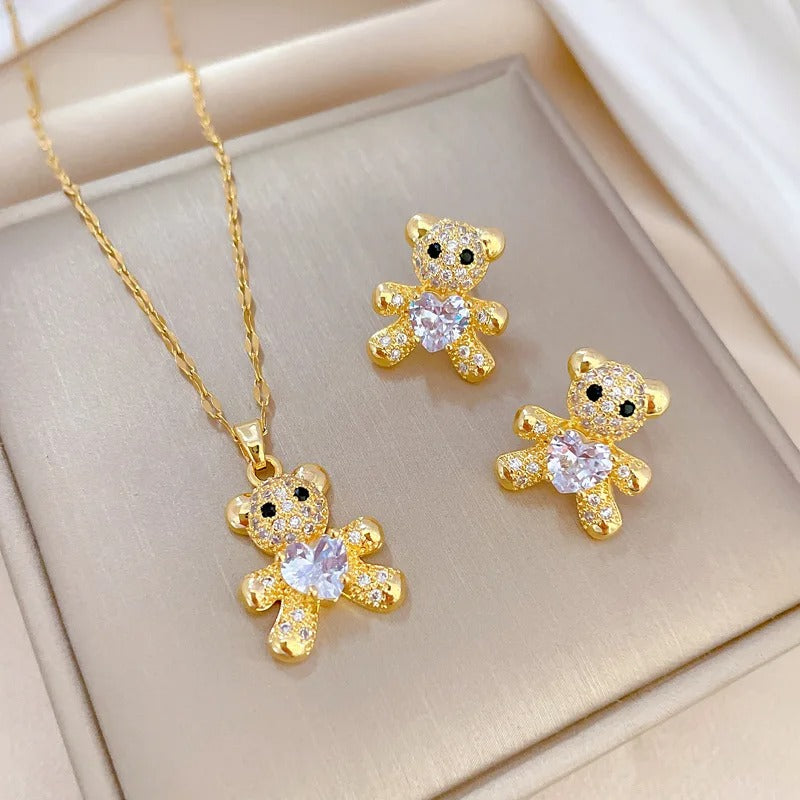 CONJUNTO OSITO DE PELUCHE CON TACHUELAS DE ORO 18K - CONJ361