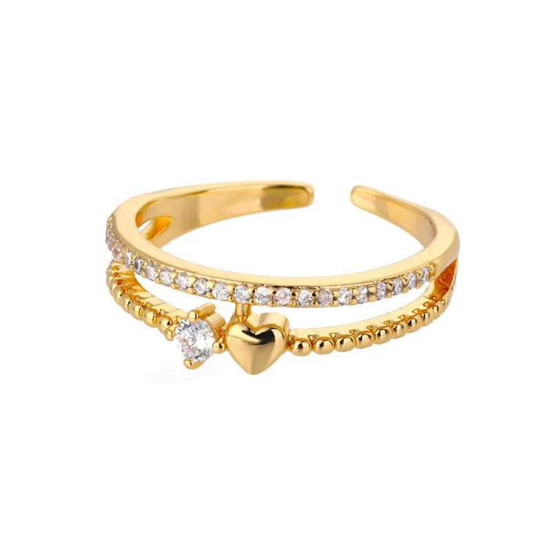 ANILLO AJUSTABLE DE CORAZÓN Y CIRCONITAS BAÑADO EN ORO 18K - AN229