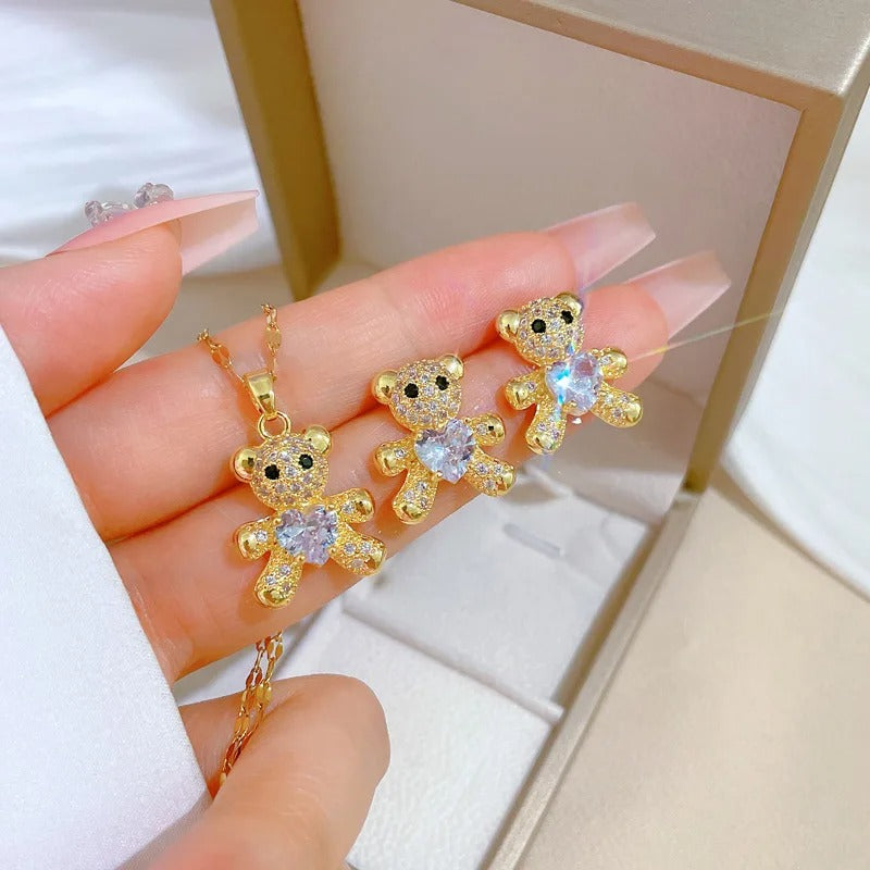 CONJUNTO OSITO DE PELUCHE CON TACHUELAS DE ORO 18K - CONJ361